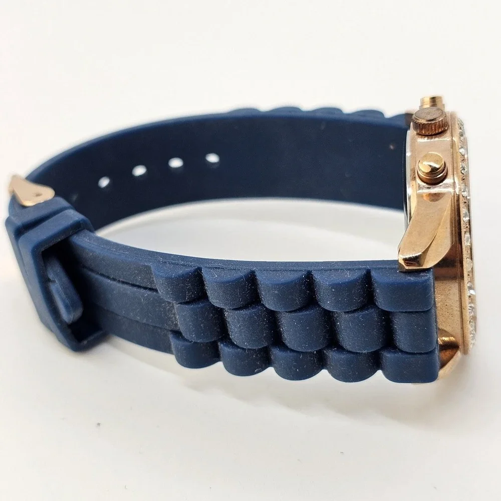 Women's Watch 38MM‎ Rose Gold Dial Crystal Bezel Blue Plastic Bands New Battery